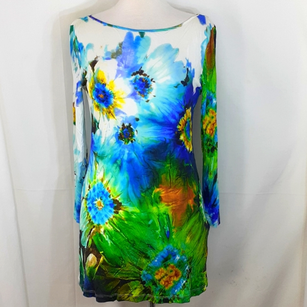 Blumarine long sleeve tunic blouse floral print tie dye blue green yellow